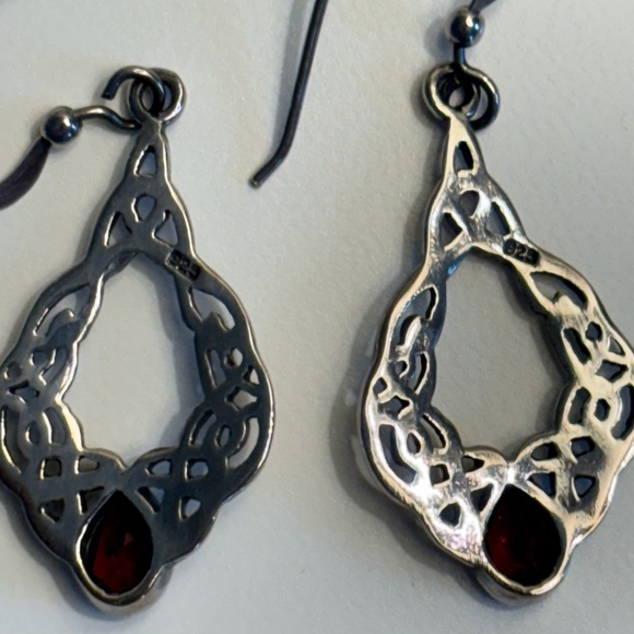 Sterling Silver and Red Garnet Celtic Design drop Earrings - Picture 2 of 3